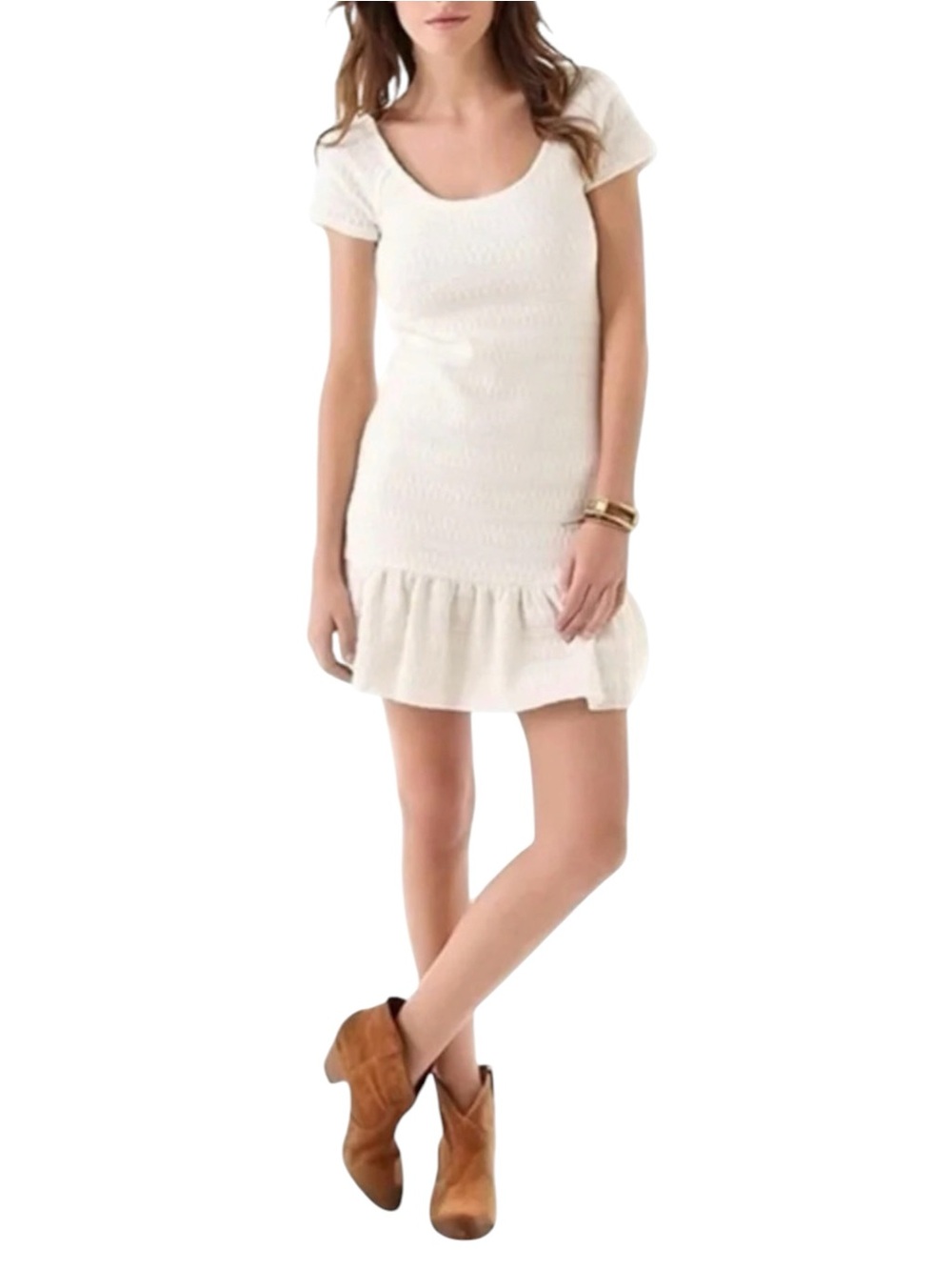 Free People Cozy Day Flounce Drop Waist Mini Dress in Ivory (Size S)